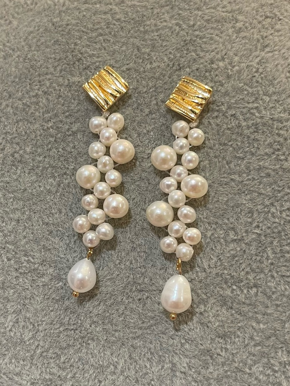 Gold Freshwater Pearl Cluster Drop Earrings - White Pearls 925 silver posts 33